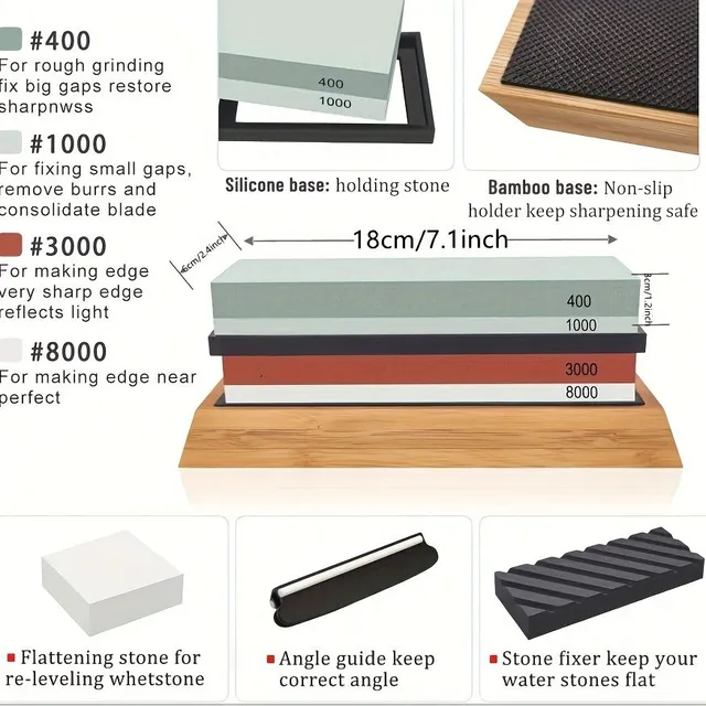1 Set of Brousek Brousek Na Brousek, Bruska Na Knives with Gravity 400/1000 A 3000/8000 Knives sharpening kit Wet Stone with Balancing Stone, Angle Guide, Proslip Bamboo Base for Kitchen Knives, Pocket Knife