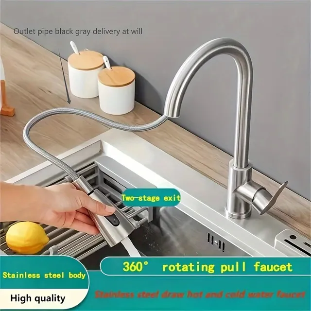 Kitchen sink battery, stainless steel, extendable, 360° swivelling, with levered control of hot and cold water - protection against spatter