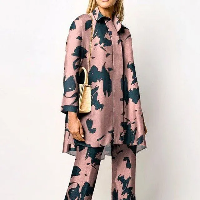 WinterStil® - Women's Fashionable Casual Grey and Pink Contrast Print Stand-Up Collar Loose Suit