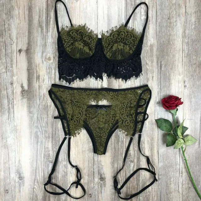 Ladies Lace Lingerie Set with Garters - Various Colours green l