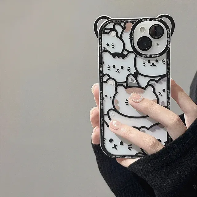 Silicone transparent iPhone phone case with Cute Bear motifs and neck strap