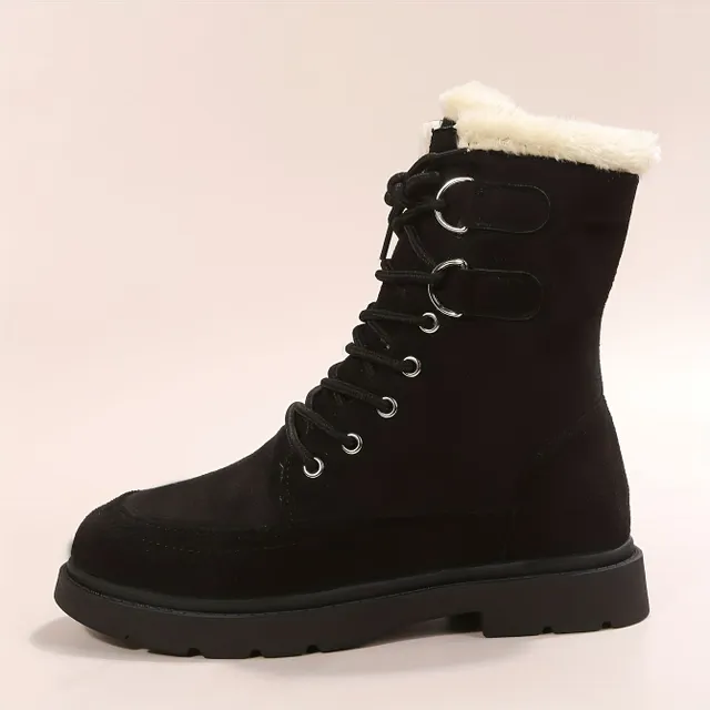 Women's winter leather shoes with fur and lace on the platform - warm and comfortable up to the calves