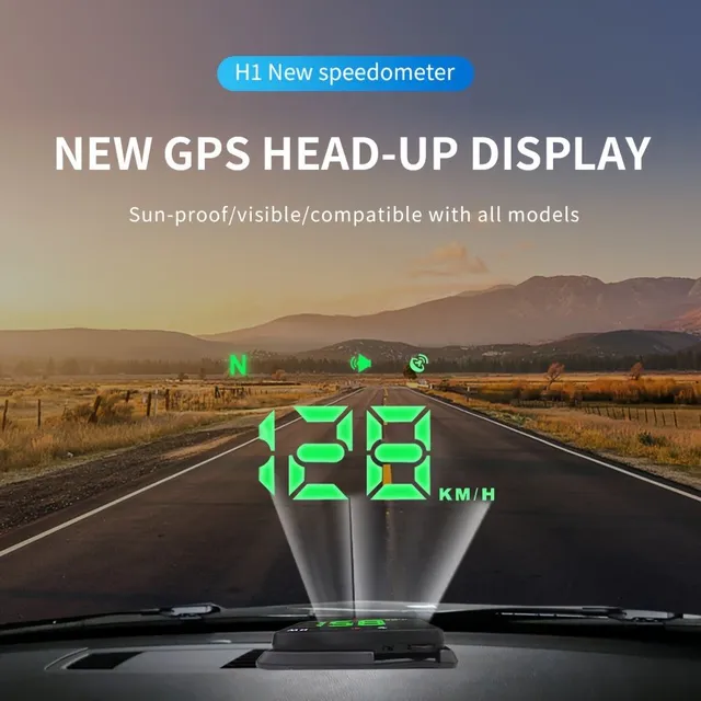 Head-up display H1 with windshield projector, digital tachometer, warning of speed crossing, automatic compass and navigation for all cars