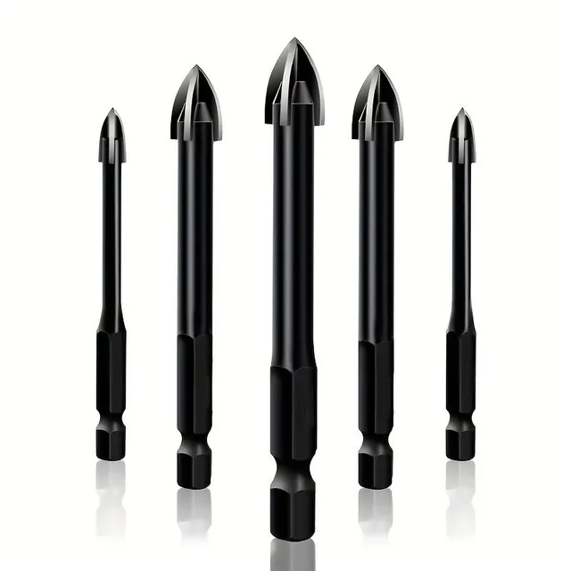 Universal drill with cross grinding - 5 pcs set, 3/4/5/6/8 mm, hard metal, for glass, ceramics, wood