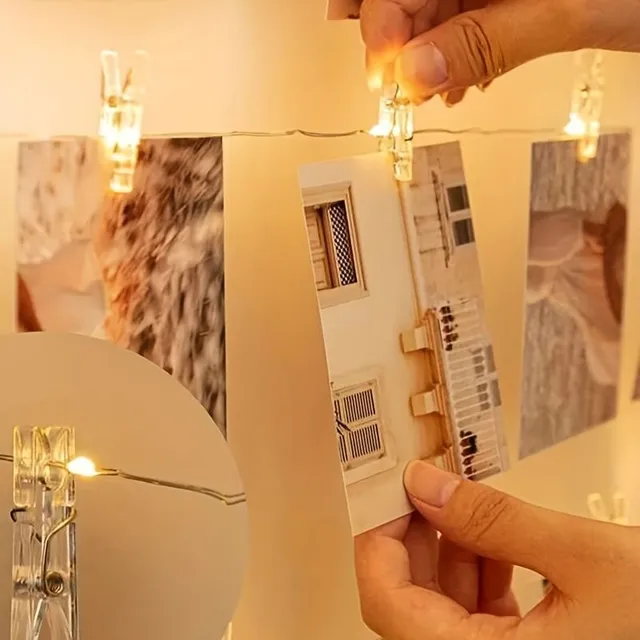 Light chain with clips for photos - 100 LEDs, 40 wooden clips, photos, parties, Christmas and Halloween decorations
