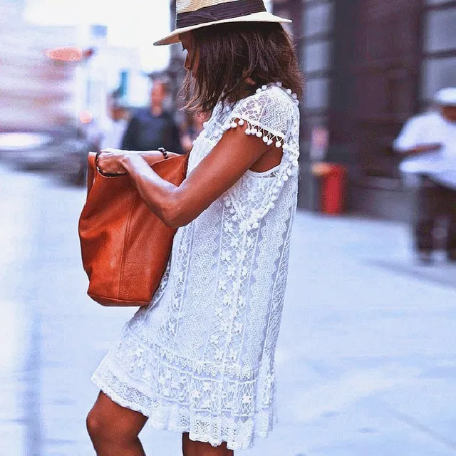 Women's Boho sheer lace white dress