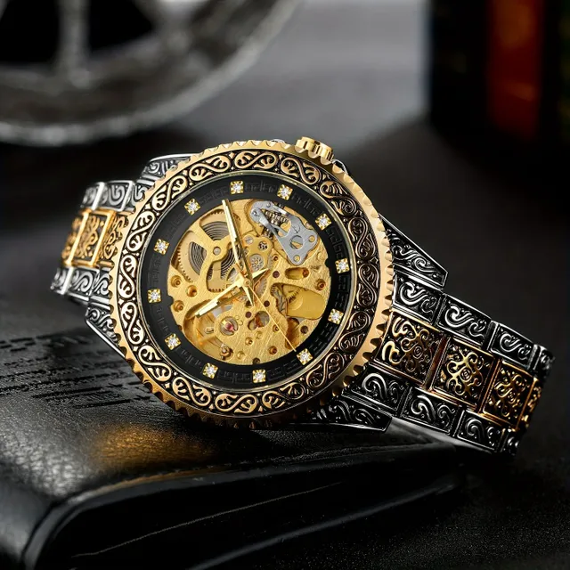 Men's vintage fashion carved gold mechanical wristwatch brand Luxury Butterfly Buckle Hollow Out mechanical watch, ideal choice for gifts