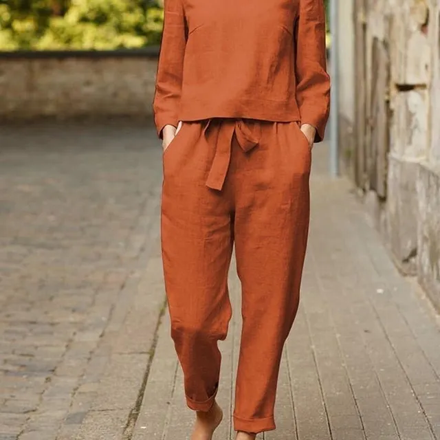 Two-piece women's set - single color cotton and linen blouse with round neckline and trousers