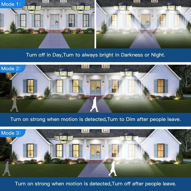 Outdoor solar light with motion detector, 278 LED, 3000 lm, 6500 K, 4 heads, IP65 waterproof, 300° wide angle with 3 modes