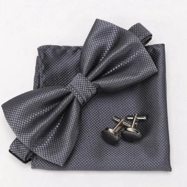 Men's bow tie, handkerchief and cufflinks