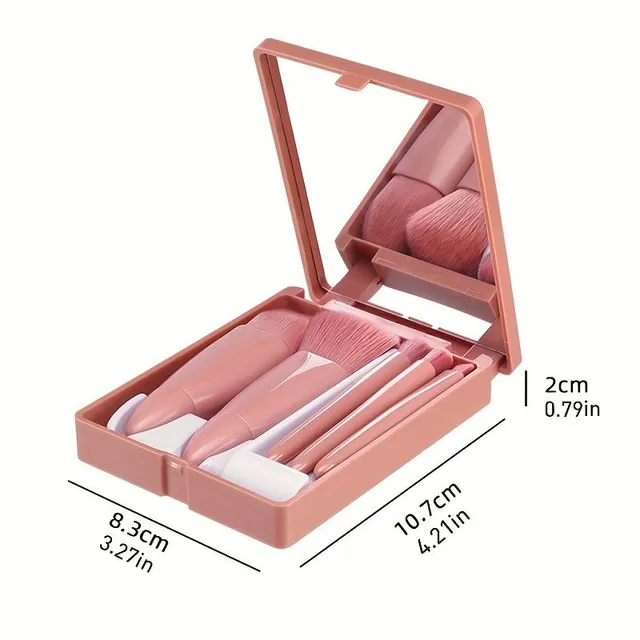 Set von 5 tragbaren Mini-Make-up-Pinseln mit Spiegel und Etui - weiche Fasern für Puder und Lidschatten