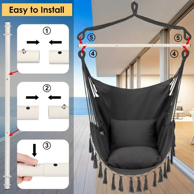 1 buc. Leagăn suspendat pentru scaunul leagăn, 2 buc. perne, Mare scaun suspendat Macrame pentru confort excelent în toate spațiile interioare sau exterioare