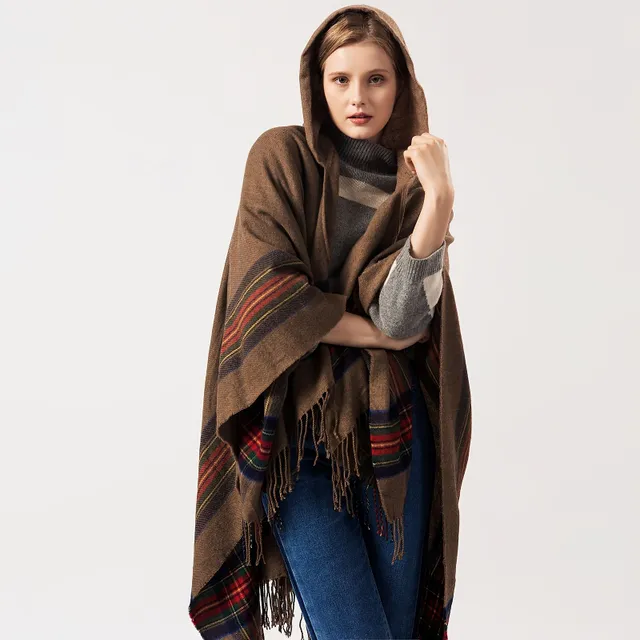 Scottish striped oversized scarf with hood and fat tassel