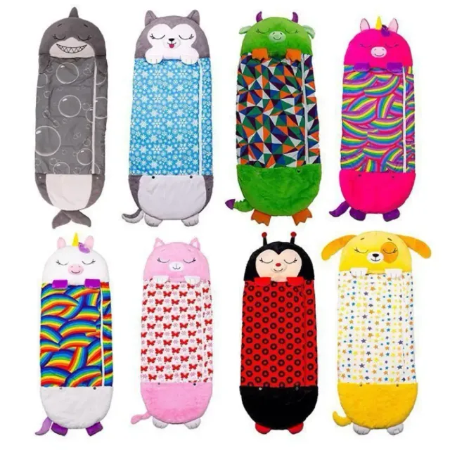 Children's sleeping bags with stuffed animal cushion and cartoon motif