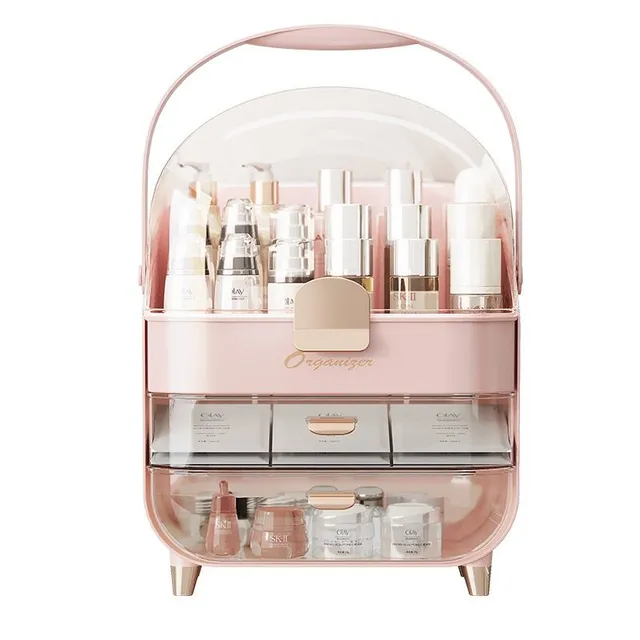 Beauty organizer with transparent lid and makeup drawers and skin care