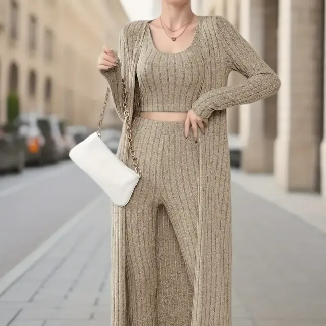 Women's 3-piece ribbed set: shortened top, cardigan with long sleeve and trousers with high waist