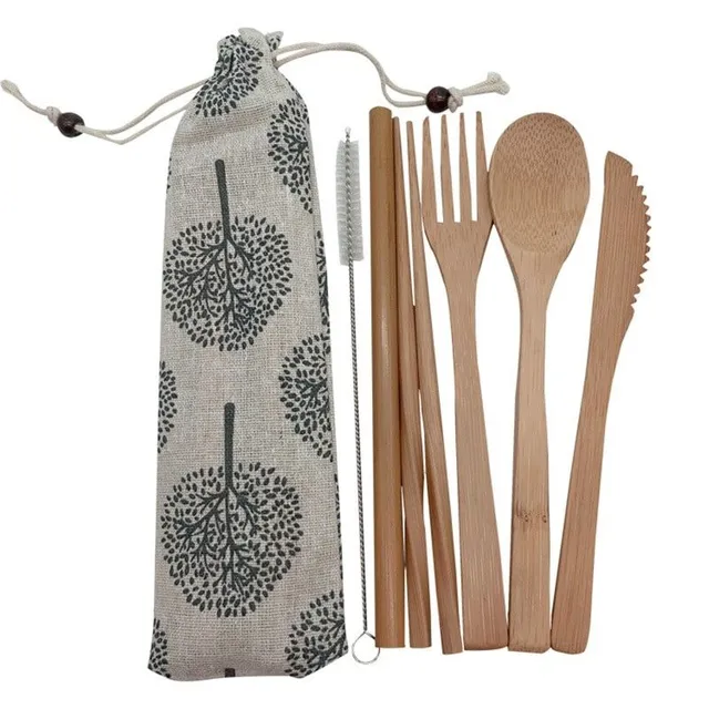 Set of bamboo cutlery with case 6 pcs