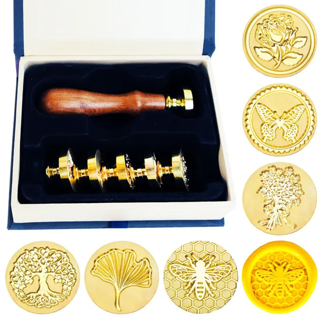 Set of wax stamps with 6 replaceable heads, vintage wooden handle and gift box (life series).