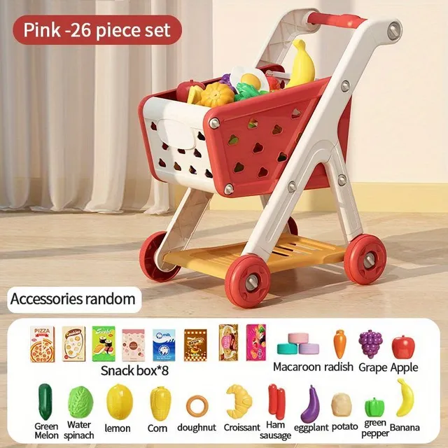 Dětský nákupní vozík s kuchyňkou a potravinami - Hra na obchod, vaření a puzzle v jednom
