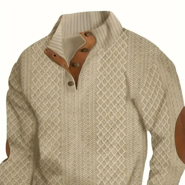 Men's trendy monochrome sweater with retro V-neck and stand-up collar