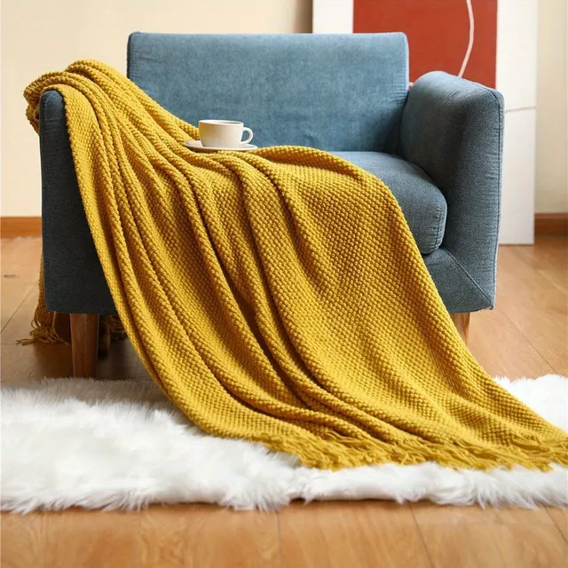 Knitted bedspread with tassels, lightweight bedspread for sofa, bed, couch, home decoration