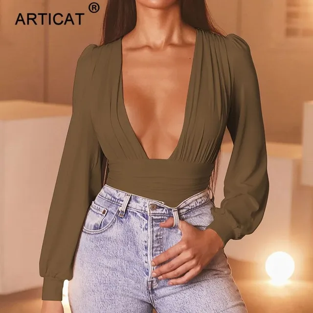 Women's V-neck bodysuit with long sleeves