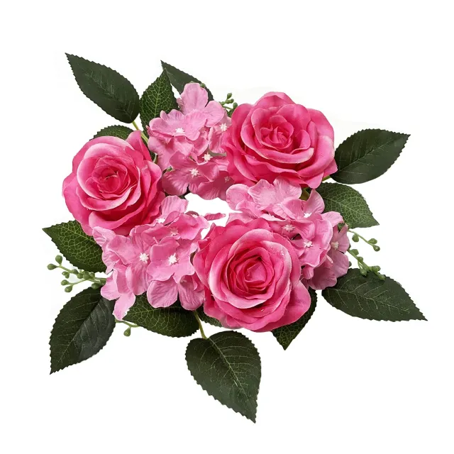 Wieniec dekoracyjny na świecy wykonany ze sztucznych róż (20 cm)
