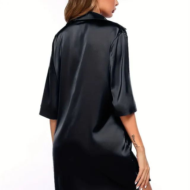 Women's long nightdress top - monochrome, with buttons at the lapel, smooth, with short sleeves