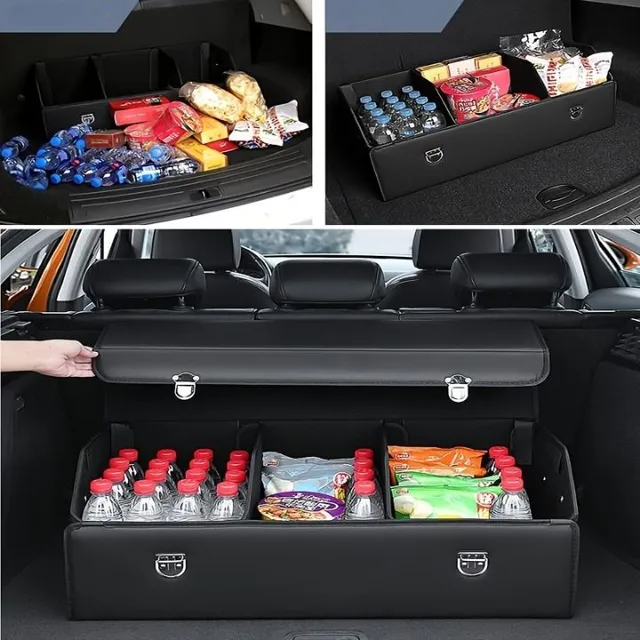 Foldable car boot storage box made of PU leather, 3 compartments, adjustable capacity