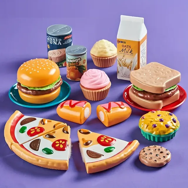Set de jucărie pentru bucătărie pentru copii cu 78 de piese, cu alimente tăiate și sac de depozitare - Fructe, legume, pizza și altele