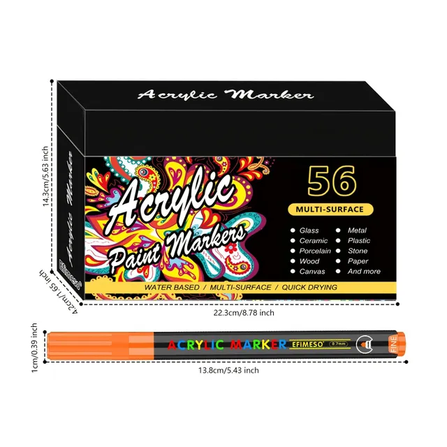 56 Colour Single-headed Set of Artistic Descriptions, Description Pen With acrylic Color, Plot 0,7 Mm, Ink On the Water Base, Non-toxic, Waterproof And Fast-Fasting, Can be Painted On Surfaces Wood, Stone, Paper, Glass, DIY Crafts And More, Coloring, Colo