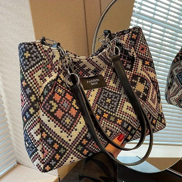 Leinen Schultertasche für Frauen mit ethnischem geometrischem Muster, große Kapazität, Vintage-Stil