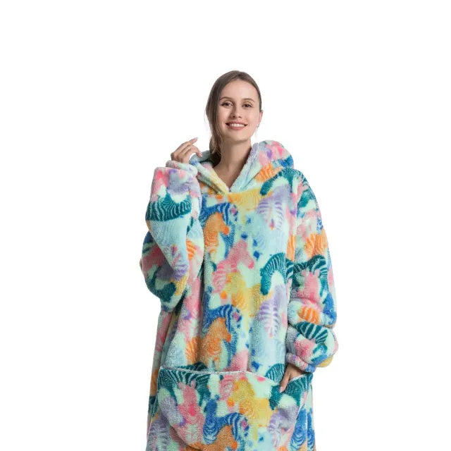 Wearable blanket with hood of stuffed animal and sherpa fleece for adults