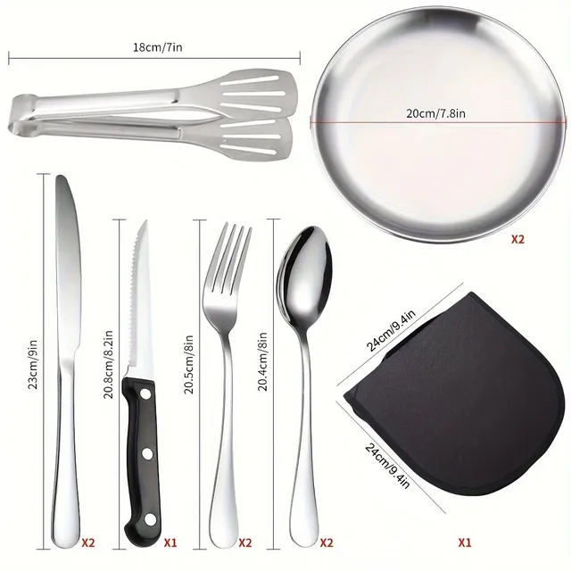 10 piece set of portable stainless steel for outdoor camping and picnic
