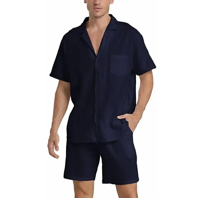 Men's 2-piece summer set in cotton and linen - short sleeve and shorts