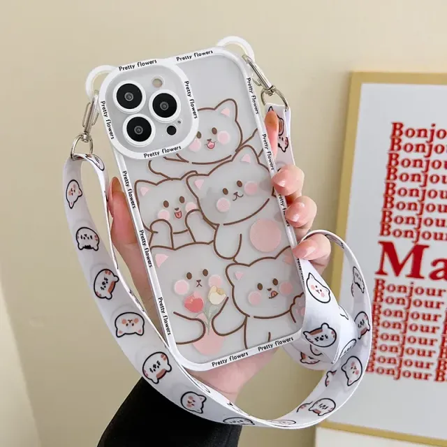 Silicone transparent iPhone phone case with Cute Bear motifs and neck strap