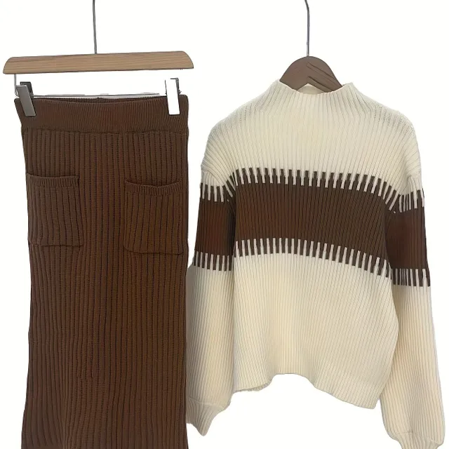 Women's two-piece knitted set - colored block and ribbed sweater with skirt in midi length