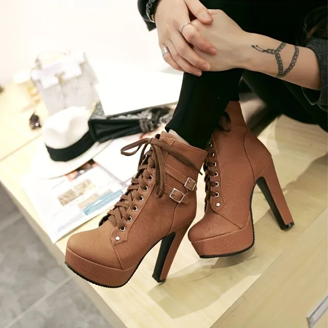 Women's ankle boots on block heel with lace, single color, fashionable and comfortable