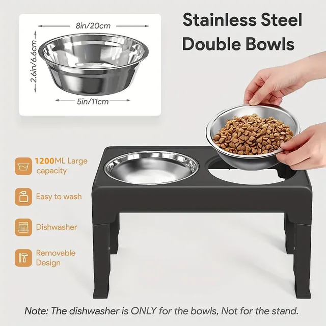 Adjustable stand for dog bowls - Elevated, stainless steel bowls, for small, medium and large dogs