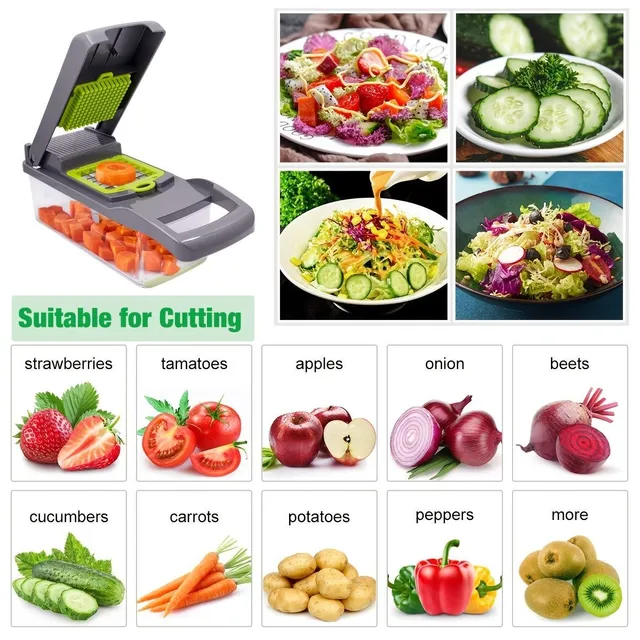 Multifunctional vegetable cleaver - 14 in 1 with stainless steel knives and container