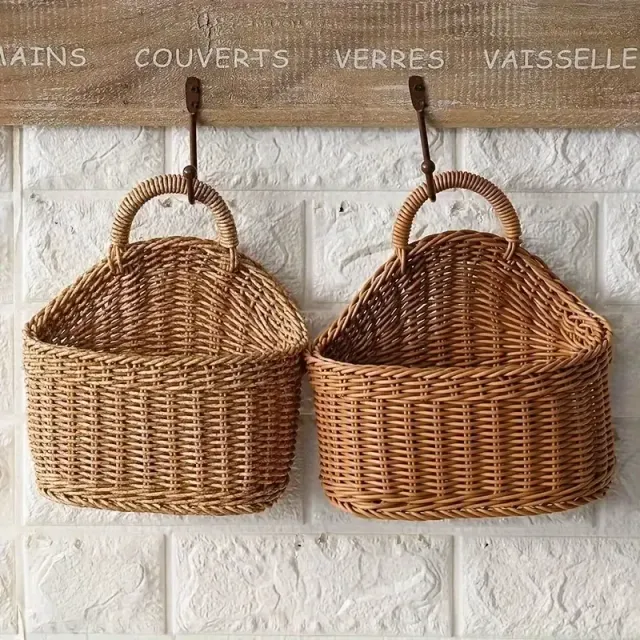 Basket with flowers from synthetic rattan in Scandinavian style