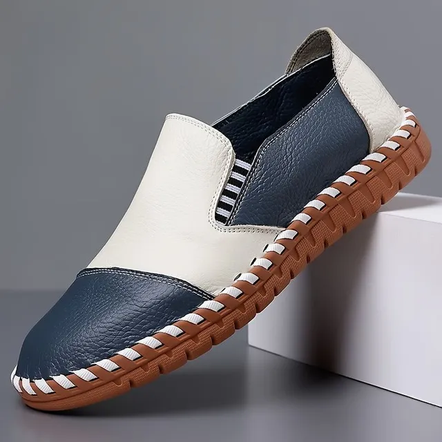 Male fashionable colored blocks slip-on shoes made of beef leather with comfortable anti-slip rubber sole