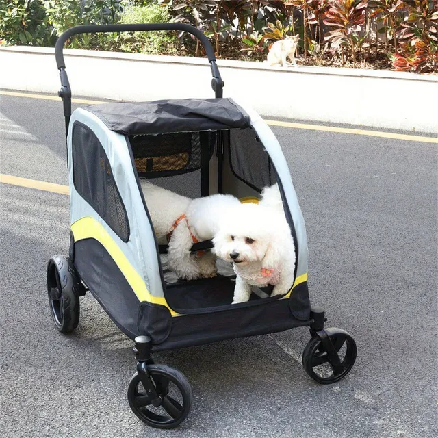 Carrito plegable de cuatro ruedas para dos perros con divisor extraíble