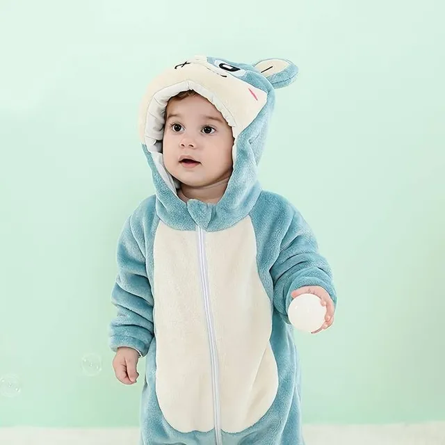 Boy's pajamas with hood made of soft and warm flannel with cute animal motif