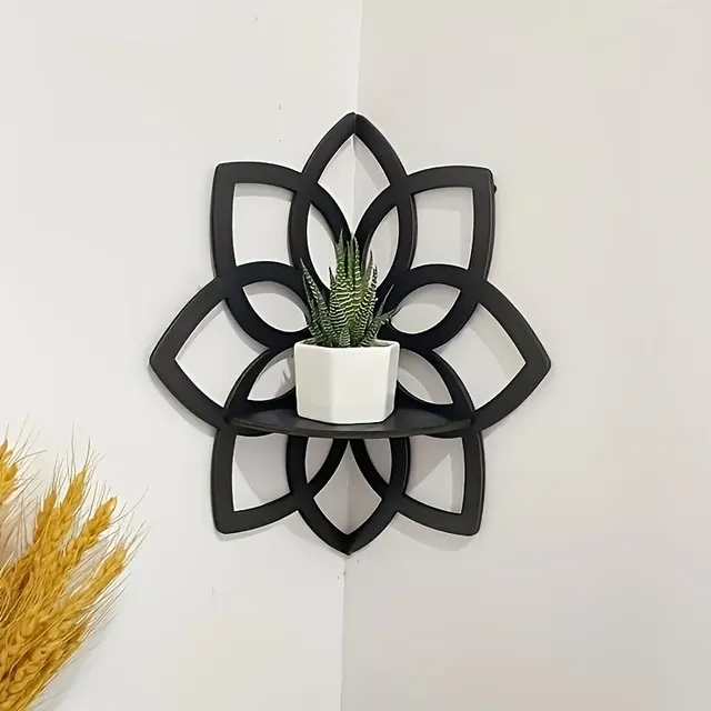 Black mandala floral wooden wall shelf - carved corner display for crystals & stones