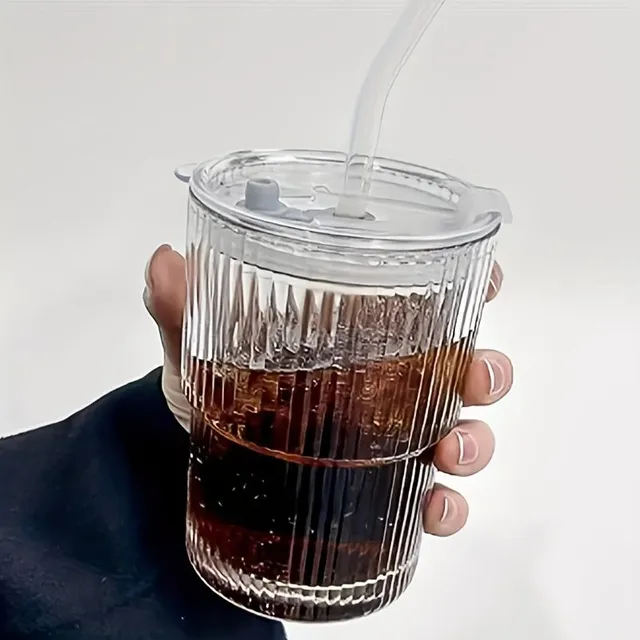 Glass coffee mug with lid and straw, 400 ml