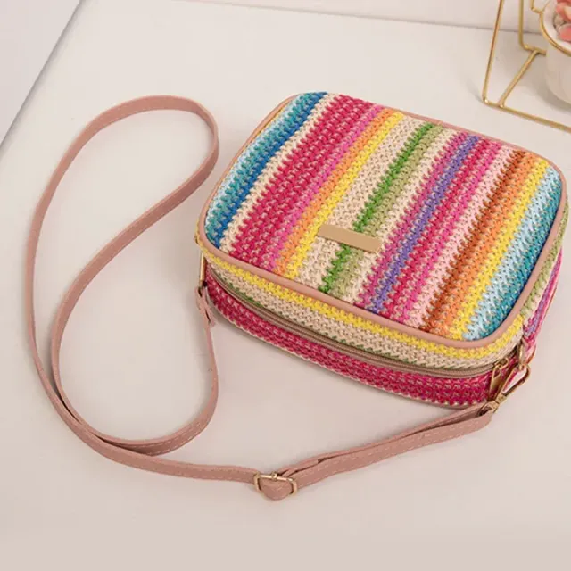 Women's colored straw bag over shoulder with zipper for holiday and beach