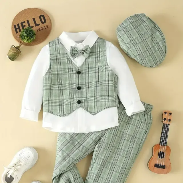 Chlapci spoločenský oblek pre džentlmena - tričko s mašľou, nohavicami, vestou a klobúkom - sada detských šiat pre súťaž, predstavenie, svadbu alebo banket