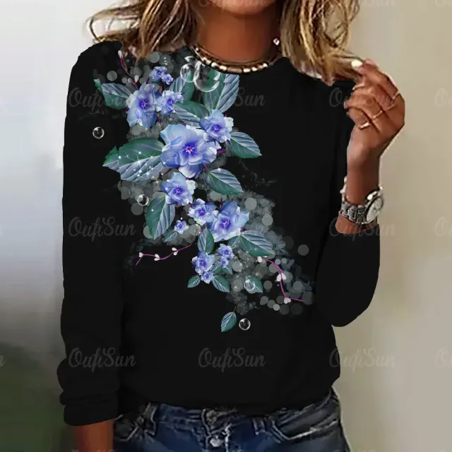 Women's long sleeve t-shirt with three-dimensional flower print - More variations