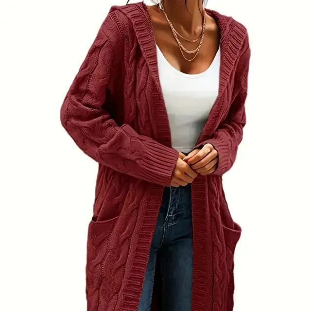 Cardigan da donna con cappuccio con motivo a cavi, maniche lunghe, lunghezza media, tasche - tinta unita